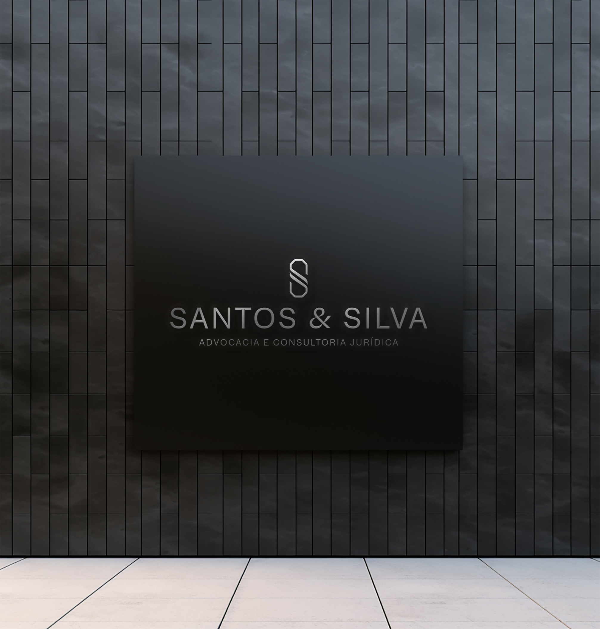 Letreiro externo do escritório Santos & Silva em acabamento metálico escuro